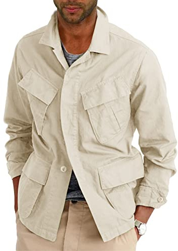 Runcati Mens Lightweight Safari Jacket Button Up Cotton Outdoor Military Cargo Long Sleeve Outwear Khaki