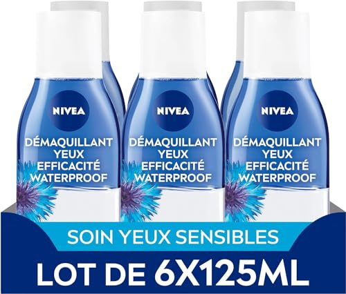 NIVEA - Ögonborttagningsmedel - Vattentät effektivitet - Ögon- och ögonfransvård - lugnar och rengör försiktigt - blåklint och renat vatten - tvåfasig formula - vegan - alla hudtyper - 6 x 125 ml