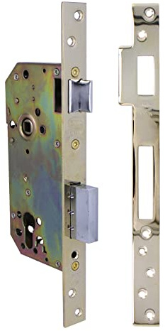 Amig - Cerradura de Embutir para Puertas de Madera - Con Paletón de Cierre - Frente y Soporte en Canto Cuadrado - Entrada de 50 mm - Picaporte reversible - Acero - Dorado - 270 mm