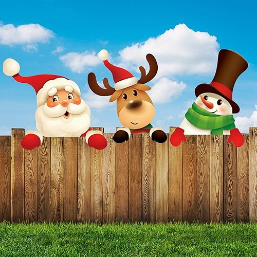 Fox·Bunny 3 Decoraciones de Valla Temáticas Navideñas, Papá Noel, Reno y Muñeco de Nieve para Decoraciones de Navidad al Aire Libre, 26 cm x 23 cm, Madera Compuesta