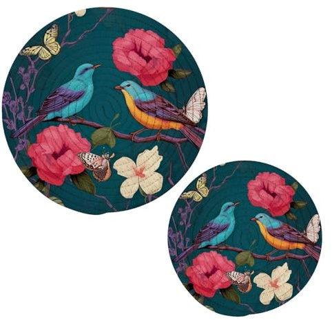 xigua Lot de 2 dessous de plat et sets de table Motif oiseaux et fleurs 17,8 cm + 24,5 cm