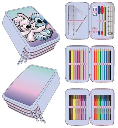 CERDÁ LIFE'S LITTLE MOMENTS Estuche de 3 Compartimentos de Stitch - Color Lila - 12,5 x 6,5 x 19,5 cm - 100% Poliéster - Cierre de Cremallera - Incluye Accesorios - Licencia Oficial