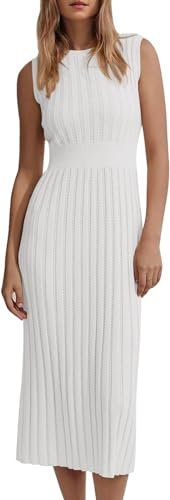 Saodimallsu Damen Sommerkleid Ärmellos Midikleid Strand Tank Kleid Sexy Partykleid Figurbetontes Kleid Einfarbig Strickkleid Casual Freizeitkleid Weiß S