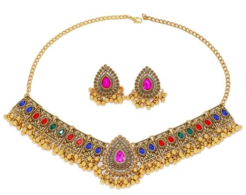Set di gioielli indiani tradizionali bohémien per donne e ragazze, argento anticato ossidato etnico festa di laurea di fine anno collana di plastron orecchini girocollo punk cristallo regalo, Metallo