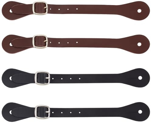 PLIGREAT 4 Pcs Leather Spur Straps Single Adjustable Ply Spur Straps Western Men Women 25 cm/9.8 inch Black and Brown Adjustable Boot Straps for Cowboy Cowgirl Boots Horse Riding Spurs