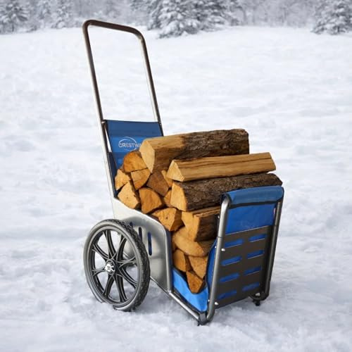 CRESTWALKER Firewood Cart with 16 Big Wheels for Stairs & Snow, 50 High-Leverage Handle to Easily Haul 220 lbs, Includes Canvas Cover, All-Terrain Heavy Duty Utility Wagon