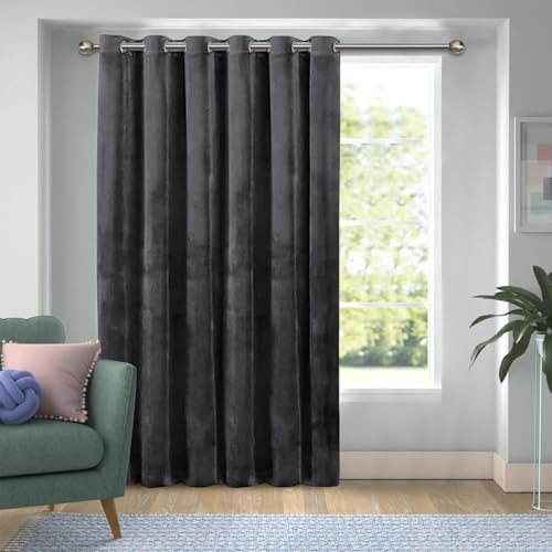 Yorkshire Bedding Charcoal Blackout Velvet Curtains for Bedroom 66x84 Inch Room Darkening Eyelet Curtain for Living Room Super Soft 1 Panel + Tie Back