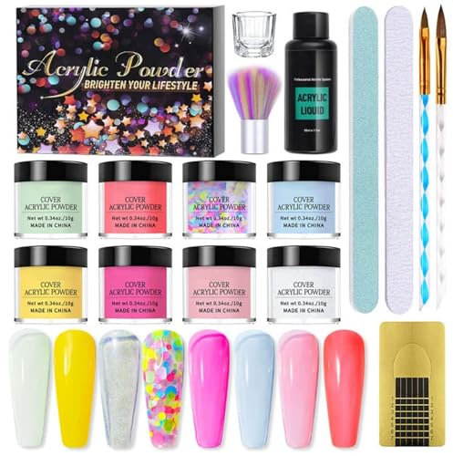 Acrylic Nail Kit - 8 Colours Cover Acrylic Powder And Liquid Set With Tools - Nail Kit Acrylic Set For Beginners - Glitter Pink Yellow Blue Green Red Purple Acrylic Nail Extension Kits DIY Nail Art