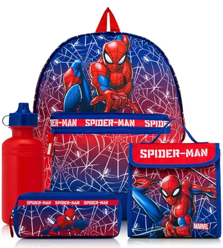Marvel Spiderman Backpack 4 Piece School Set with Lunch Bag, Pencil Case & Water Bottle | Boys Rucksack with Padded Adjustable Straps – School Supplies