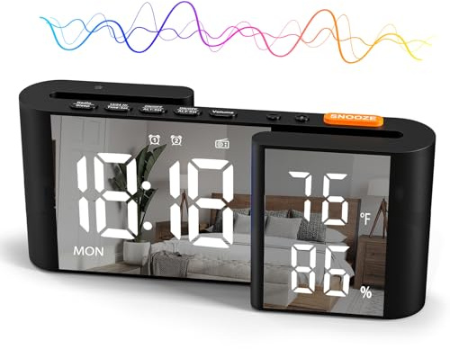 Alarm Clock Radio, Alarm Clocks Bedside, 6-Inch Digital LED Clock Dual Alarm with Snooze, USB Rechargeable Bedside Clocks with FM Radio and Temperature & Humidity Display for Bedroom Desk Office