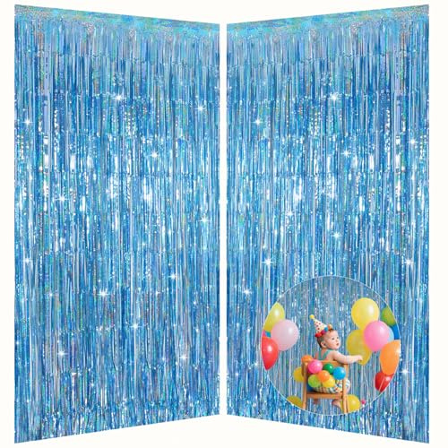 Runkuai Light Blue Metallic Streamer Backdrop with Glitter Tinsel,3.28 x 6.56ft Foil Fringe Curtains for Gender Reveal & Ocean Theme Wall Hanging Party Supplies, Birthday/Wedding/Photoshoot