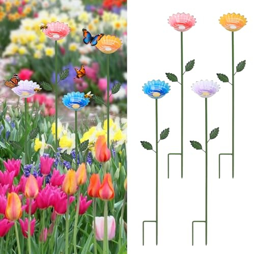 hogardeck Garden Decor for Outside, 4 Pcs 25.8 Metal Bee Watering Station, Flower Design with Stakes, Butterfly Feeder Bird Bath for Outside Yard Patio Lawn (Blue, Yellow, Pink, White)
