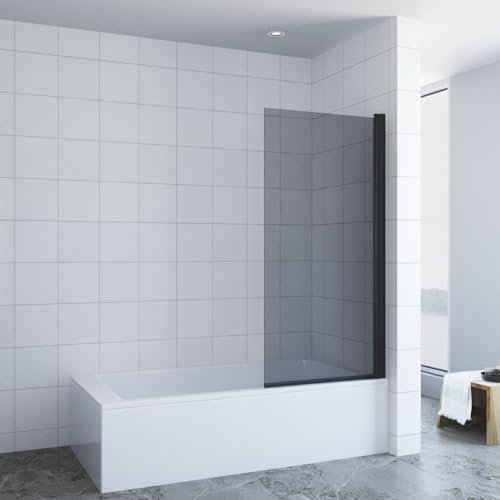Paroi de douche pour baignoire sans perçage - 70 x 140 cm - Verre de sécurité gris 5 mm - Noir mat - Profilés en aluminium - 1 pièce - Paroi de douche pliante - Revêtement nano AQUABATOS