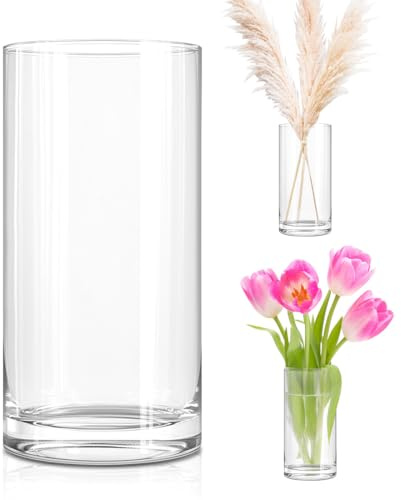 LOMUG Vase Glas, 30 cm Hohe Modern Blumenvase Glasvase Zylinder Rund Gross, Glaszylinder mit Boden, Zylindrisch Glas Vase Deko für Tischdeko, Orchideen, Kerze, Rosen, Tulpen, Pampasgras