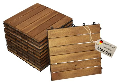 trelevo Holzfliese 01 & 02 30x30 cm Akazienholz geölt 11 Fliesen für 1m² | Bodenbelag mit Drainage, Balkonfliesen/Terassenfliesen/Klickfliesen