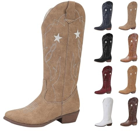 DFSDJEUW ladies cowboy boots Womens Cowboy Knee High Boots Comfortable Pull On Length Boot Fashionable Block Heel Waterproof Western Cowgirl Booties Wide Calf Country Concert Cow Boy Boot Khaki 6