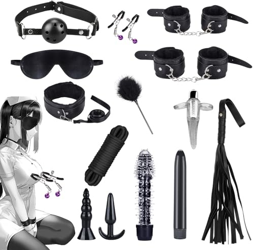 Jouet Adulte Couple Ninonly 17Pièces Kits de Bondage avec Menottes Réglables,Entraves pour Pieds,Fouet,Masque pour les Yeux,Tige à Plumes,Vibrateur Jouet Adulte pour Couples Hommes Femmes Noir