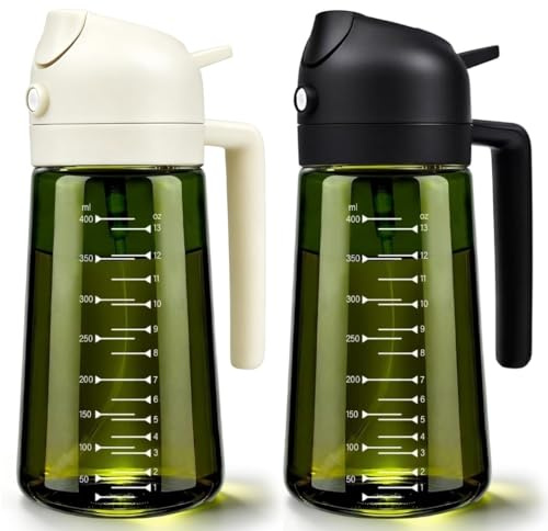 Rusudiy 2 Pezzi Spruzzatore Olio 2 in 1 da 470ml,Bottiglia Olio in Vetro per Cucina,Oliera Spray,Spruzzino,Dosatore,Nebulizzatore,Dispenser per Olio d’Oliva (Verde Scuro Graduato (Nero-Bianco))