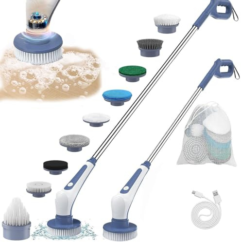 Cepillo de limpieza inalámbrico con 2 ajustes de velocidad, brazo de extensión ajustable, 9 cabezales reemplazables para baño, cocina y limpieza de suelos