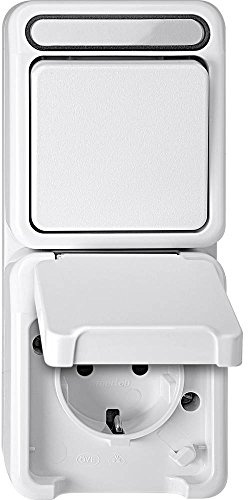 Schneider Electric Merten Kombination Schuko-Steckdose und Wechselschalter, Aufputz, Berührungsschutz, IP44, Aquastar, polarweiss, Artikelnummer MEG3494-8019