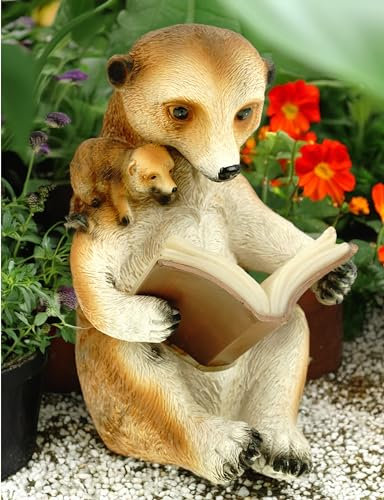 Kremers Schatzkiste Solar Erdmännchen Mama liest Buch vor Gartenfigur 20 cm Deko LED Polyresin Skulptur Buch beleuchtet handbemalt mit UV Schutz Meercat