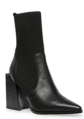 Lvemas Womens Chunky Stacked Heel Ankle Boots Pointed Toe Booties Slip On Ribbed Knit Sock Boot Black