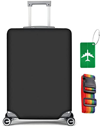 flintronic Bagageöverdrag, resväskeskydd, resebagage täckt, elastiskt skyddsfodral för resväska 53–81 cm, med bagageetikett x 1 + bagagerem x 1, svart, L (26-28), universell