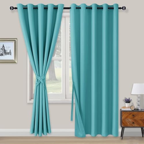 XWZO Blackout Curtains Shades Window Curtain Panels with Tiebacks- Noise Reduction and Thermal Insulated Eyelet Curtains for Bedroom,Living Room,Office,Study Room Turquoise W66xL90