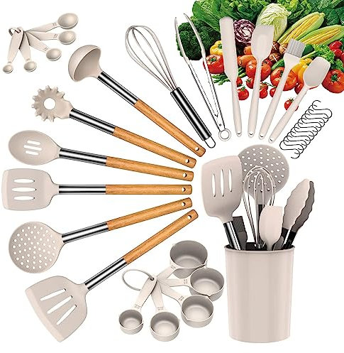 Küchengeschirr-Set, 33 Silikon-Kochutensilien-Set, 446 F hitzebeständiges Küchengeschirr, Spatel, Löffel, BPA-freies Holzgriff-Silikon-Küchenutensilien-Set, mit Antihaft-Küchenutensilien (Khaki)