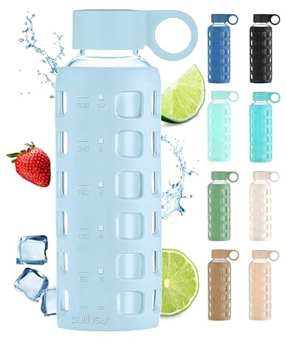 purifyou Premium glass water bottles with volume and drinking time, silicone sleeve and stainless steel lid, reusable bottle for refrigerator, water, milk,