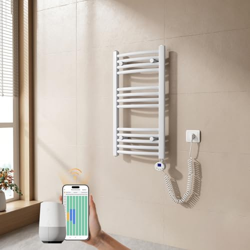 EMKE Scaldasalviette elettrico bagno,Curvo,75 x 40cm, 250W,Scaldasalviette con WIFI Termostato,Bianco,Radiatore da Bagno,Termoarredo Asciugamani da Bagno