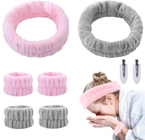 GWAWG Juego de 8 diademas de muñeca de spa suaves con pinzas transparentes para el pelo, banda elástica para el sudor, para mujeres, niñas, hombres, baño, ducha, maquillaje