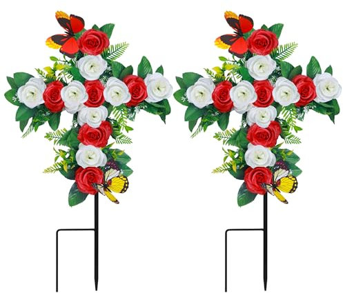 Lodou 2 Sets Artificial Cemetery Flowers,Outdoor Grave Decorations Roses,Grave Flowers,Graveyard Cross Stake for Grave Decoration (Red)