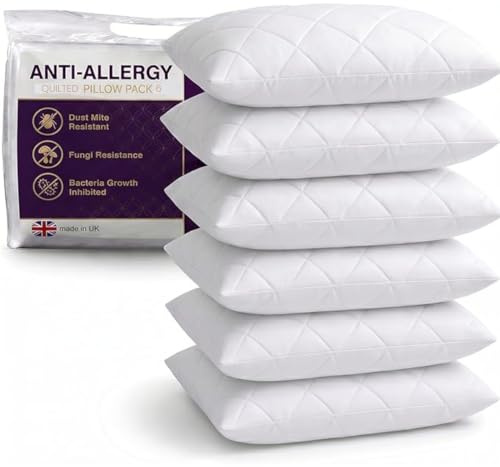 adsin Hotel Quality Quilted Pillows Pack of 6 Anti Allergy Bounce Back Bed Pillows with Soft Touch Quilted Cover – Breathable Hollowfibre Filling for Side, Back & Stomach Sleepers
