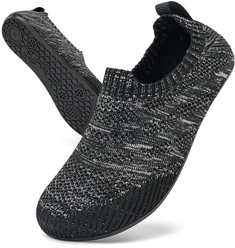 KOWAYI Zapatillas de estar por casa para hombre y mujer, zapatos de cabaña cerrados, zapatos descalzos, unisex, antideslizantes, transpirables, ligeras, zapatillas de punto, 1343 Negro Gris, 39 EU