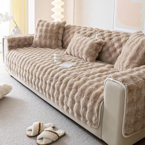 Warm Faux Rabbit Fur Couch Cover, Non Slip Sofa Cover(90x210cm, Khaki) | Fuzzy Sofa Cover for 4 seater, L Shape Sofa Protectors from Pets, Soft Skin Friendly Slipcover, Plush Couch Cover Washable
