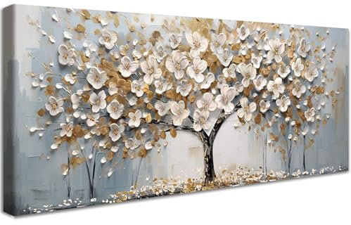Cadre en Bois Impression sur Toile Fleurs Blanches Arbre Grande Tableau Peinture Affiche Decoration Murale Image sur Toile Arbre de Vie Floral Abstrait Tableau Decoration Murale Salon Chambre 50x120cm
