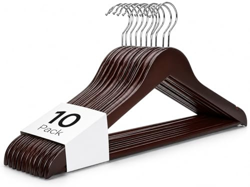 Dark Brown Wooden Clothes Hangers with Trouser Bar, 10 Pack | Strong natural wood coat hangers with shoulder notches and a non-slip trouser bar, ideal for suits, jackets and trousers.