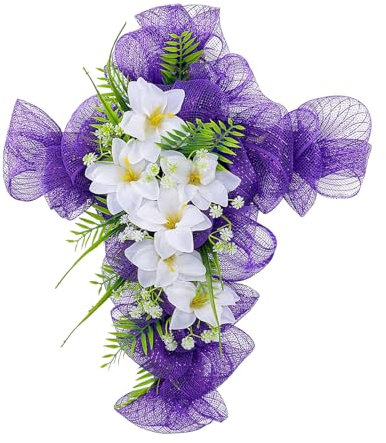Xnferty Cross Wreaths, 19.69 IN Cross Stake Cemetery Grave Cross Wreaths Artificial Lilies Flowers Wreath with Green Leaves Outdoor Cross Stake with Meash Wreath for Garden Yard