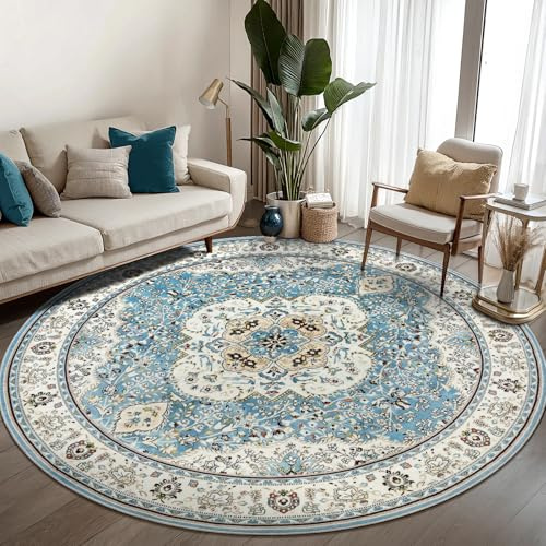 Ciicool Alfombra redonda lavable de 6 x 6 pies, estilo bohemio, antideslizante, oriental, de pelo bajo, para interiores, comedor, sala de estar, lavandería, vestíbulo, decoración (azul vintage)