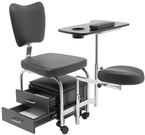 panfudongk Sedia per manicure pedicure con altezza regolabile, tavolo per unghie da parrucchiere, sgabello da massaggio con 8 ruote, 2 cassetti, armadietto per salone di unghie (nero)