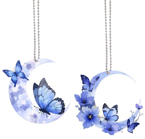 CREATCABIN 2 pièce Décoration Rétroviseur Forme Papillon Accessoire Rétroviseur Forme Lune Pendentif Décoratif pour Intérieur Voiture Ornement D'Arbre Noël pour Homme Femme Cadeau(Bleu)7.6x8cm/7.5x8cm