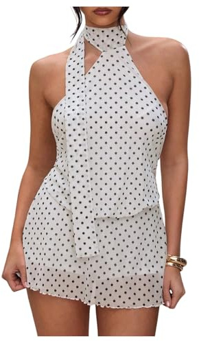 SOLY HUX Women's Polka Dots Mini Dress Backless Sleeveless Halter A Line Party Summer Dresses White Polka Dots Large