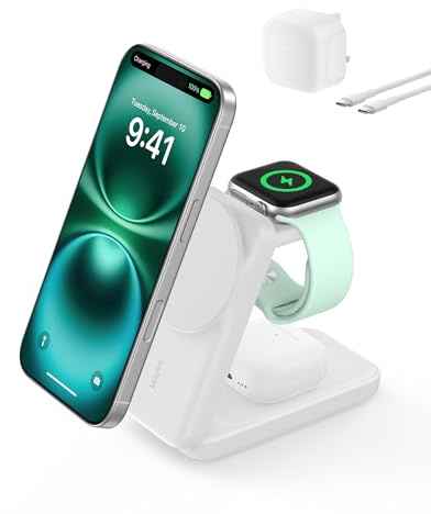 Belkin UltraCharge Magnetic Wireless Charger 25W, 3-in-1 Qi2.2 Certified MagSafe Compatible Fast Charger, Charging Station for iPhone 17, Air, Apple Watch, AirPods, Pixelsnap with 45W Adapter - White