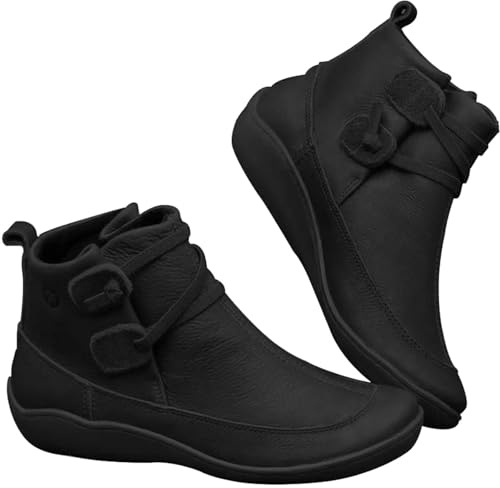 Generisch Botas de mujer de cuero para caminar descalzo al aire libre, botas de invierno vintage, botas hechas a mano con soporte de talón, botas con punta y cordones, botas planas elegantes de cuero