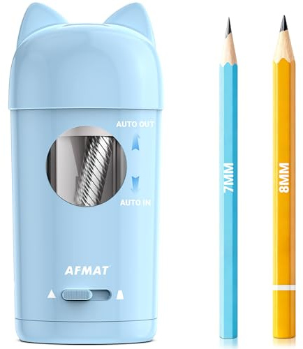 AFMAT Vollautomatischer Elektrischer Anspitzer mit Katzenohren,Auto in&Out,Wiederaufladbarer Bleistiftspitzer mit Behälter für 7-8mm Stifte,Autostopp Elektrischer Spitzer für Haus,Büro,Schule,BlauPSX9