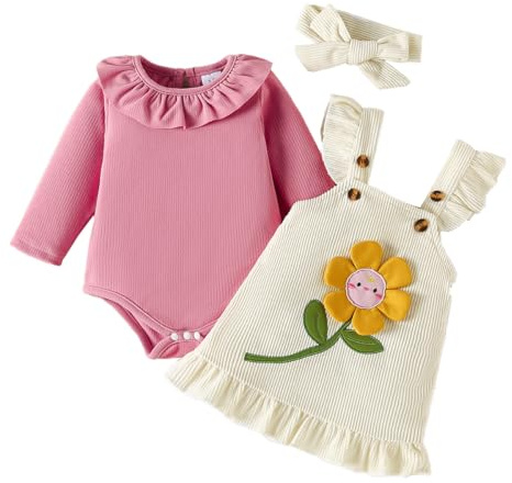 LUVCES Vestiti Neonati Autunnali 3 Pezzi Set Maniche Lunghe con Volant Tutina + Gonna con Bretelle e Fascia per Capelli Abbigliamento Bambina Set di Gonne 3Pcs Fiori rosa 6-12 Mesi