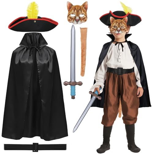 iZoeL Cat Costume for Boys Girls Kids Cat Warrior Costume Set – Cape, Hat, Cat Mask, Belt & Inflatable Sword – Storybook Character Outfit for World Book Day, Boys Fancy Dress & School Book Week
