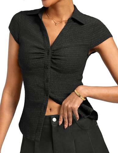 Kate Kasin Women's Slim Fit Chic Summer Top V-Neck Collar Casual Button Shirt Short Sleeve Pleated Textured Blouse