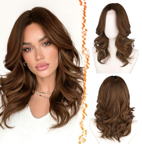 BARSDAR Corto Ondulato Marrone Ombre Parrucca, Shoulder Lunghezza Marrone Parrucche per Donne Corto Loose Wave Layered Parrucca con Curtain Bangs Aspetto Naturale Sintetico Capelli Parrucche Partito